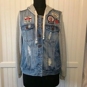 Forever 21 denim hoodie jacket w/ patches size XL